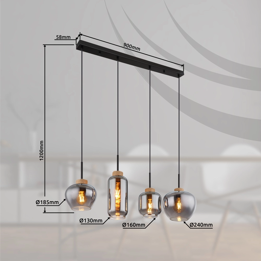 Lampe pendante de conception Matt Noir 4 clairs avec verre fumé Globo 9007371438518