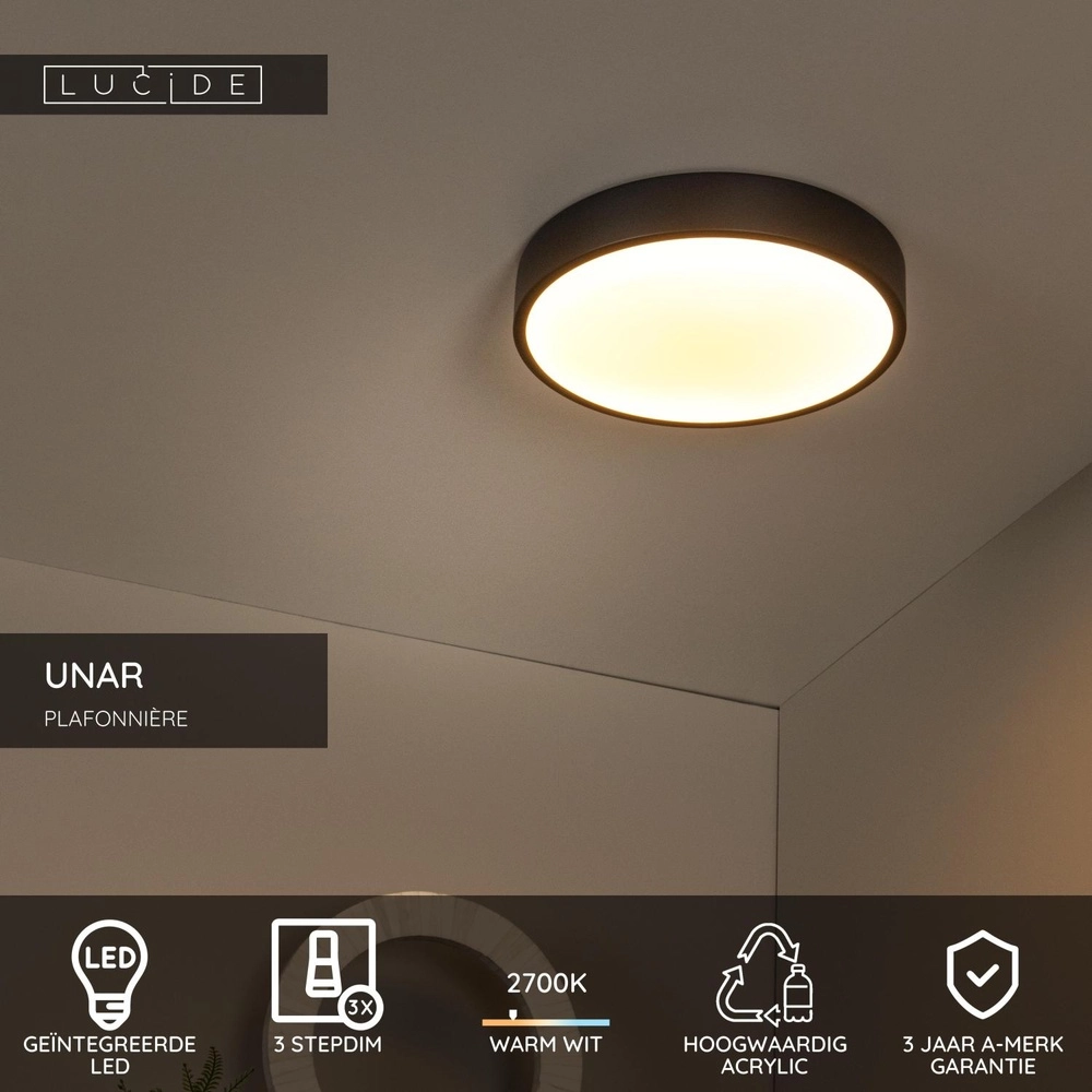 Éclairage de plafond Unar Ø 30cm - 2700K - noir Lucide 5411212791870