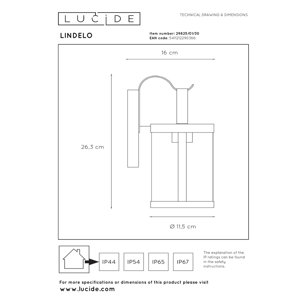 Lampe murale noire Lindelo IP23 Lucide 5411212290366