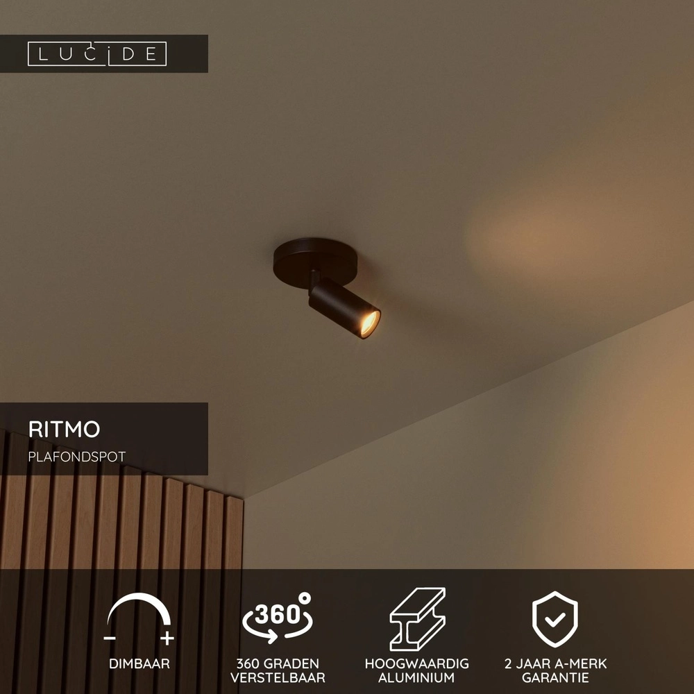 Projecteur de plafond Ritmo mini GU10 noir Lucide 5411212093943