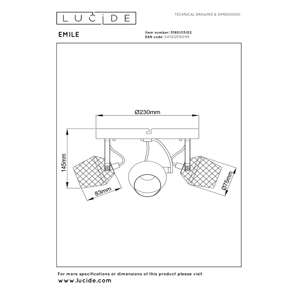 Lampe de plafond à 3 lumières Emile noir avec or Lucide 5411212510099