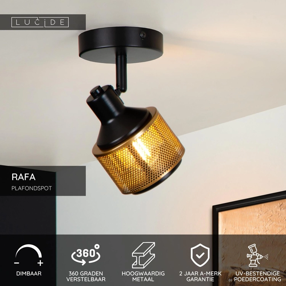 Lampe de plafond Rafa noir avec cuivre Lucide 5411212771285
