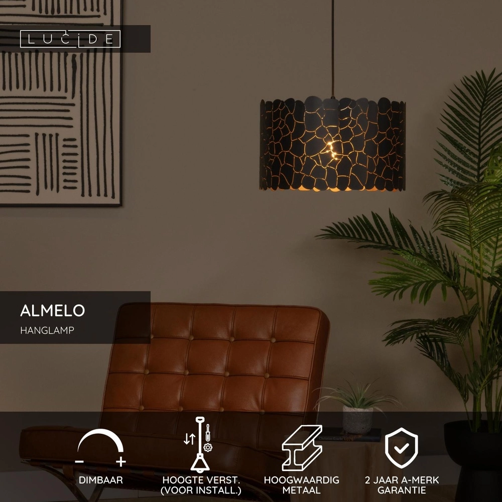 Lampe suspendue Almelo noir avec or à l’intérieur Ø 40cm Lucide 5411212211897