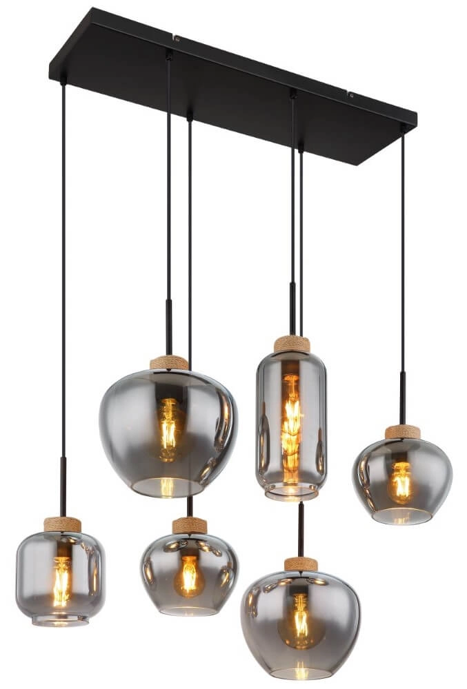Lampe suspendue 6 lumières Matt noir avec du bois