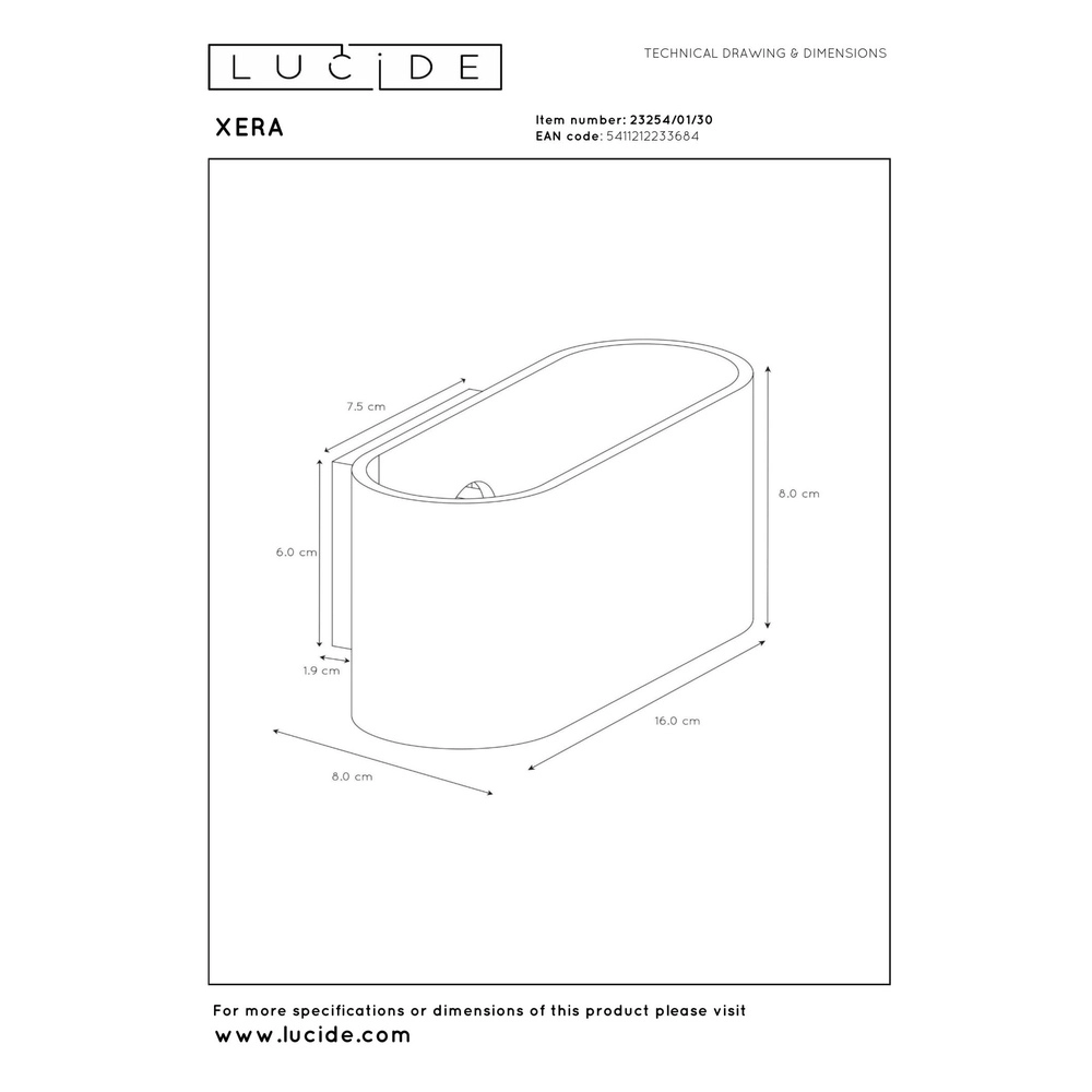 Lampe murale Xera 16 cm noir Lucide 5411212233684