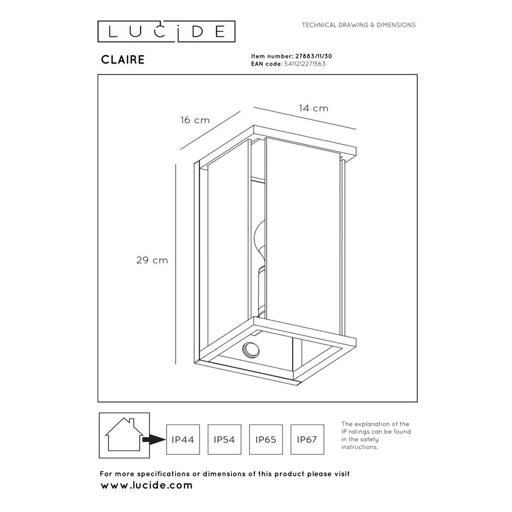 Lampe murale élégante Claire avec anthracite capteur Lucide 5411212271563