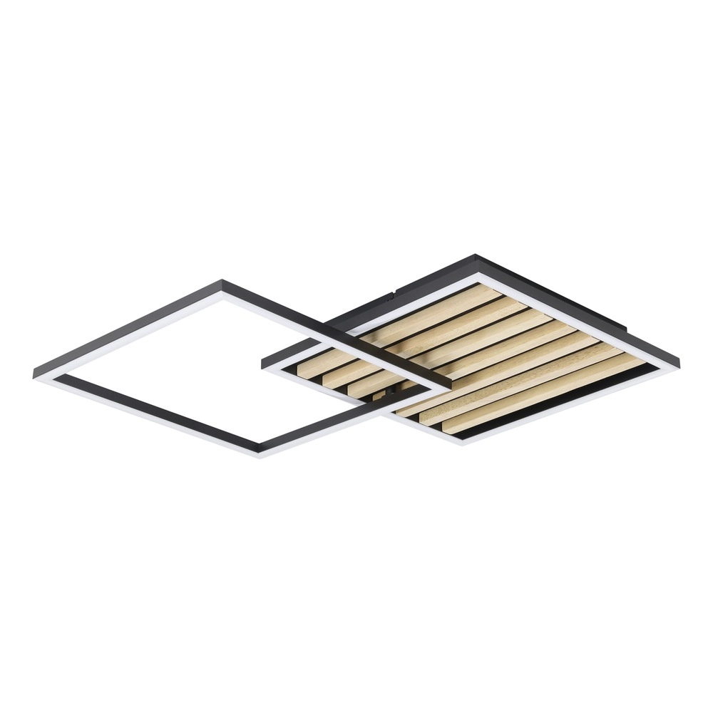 Lampe de plafond moderne Cembrano noir avec carré bois 48,5 x 48,5 cm Eglo 9008606388226