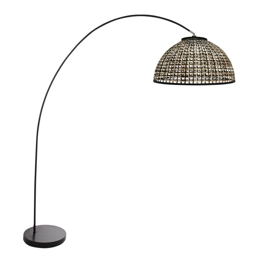 Lampe à arc noir Solva avec une teinte en bambou Ø60 cm