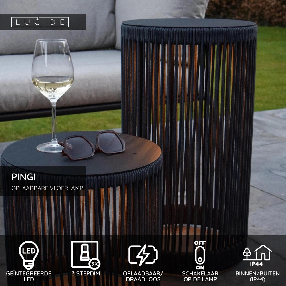 Lampe sur pied rechargeable Pingi noir 61,5 x Ø 33,5 cm Lucide 5411212061485