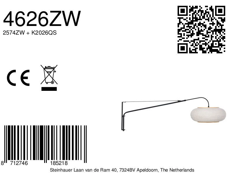 Lumière murale noire Silva Alba avec une teinte blanche Ø60cm Steinhauer 8712746185218