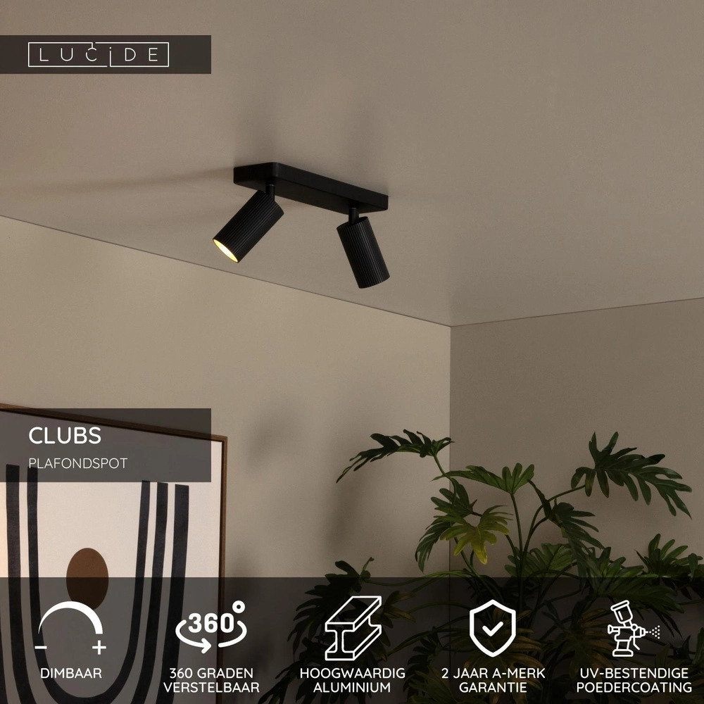Emplacement de plafond monté en surface Clubs 2-noir clair Lucide 5411212093509
