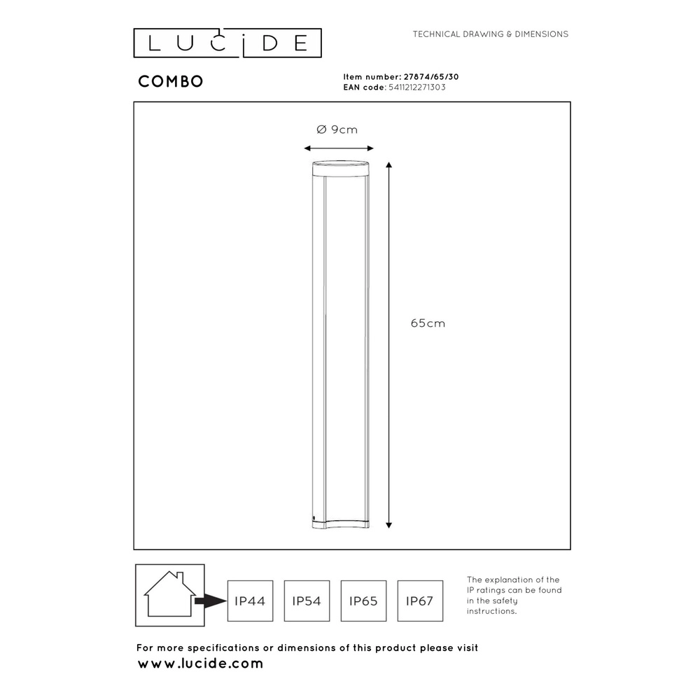 Éclairage de voie de conception Combo 65 cm noir Lucide 5411212271303