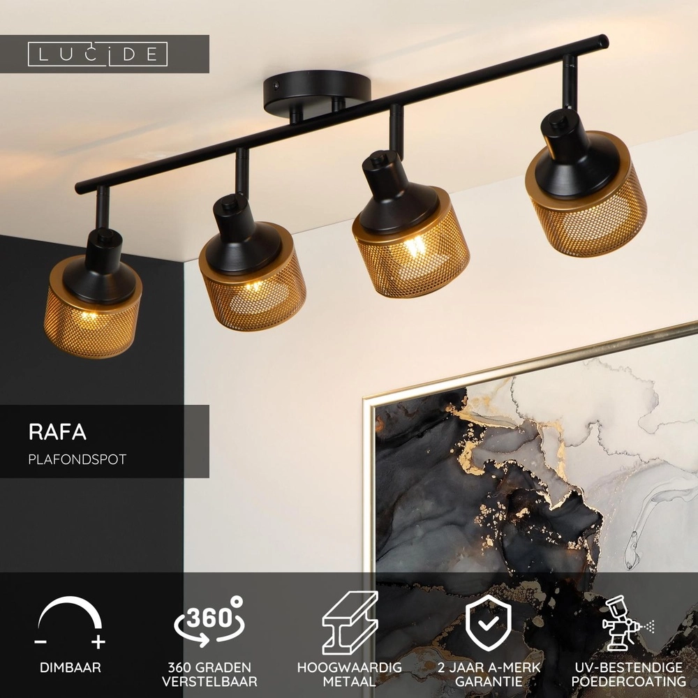 Lampe de plafond Rafa 4-noir clair avec cuivre Lucide 5411212771308