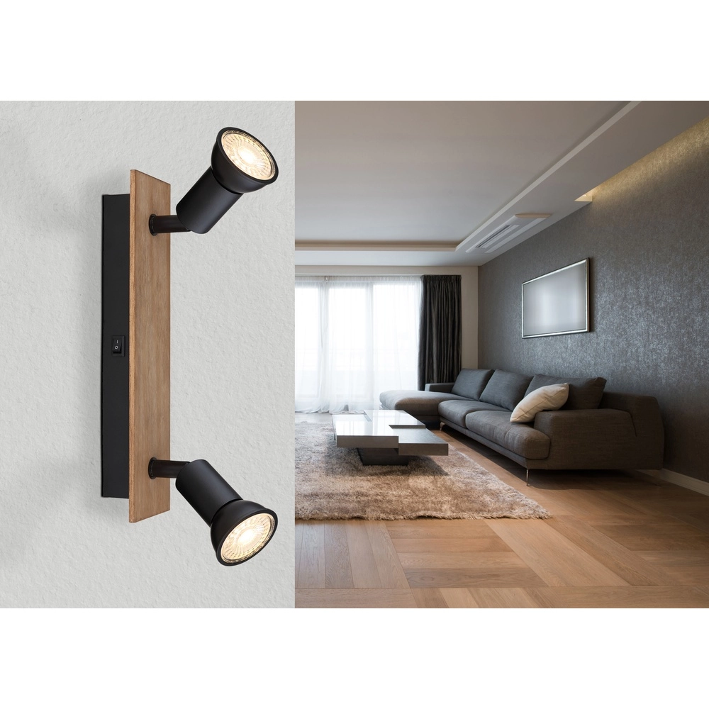 Projecteur de plafond Drew noir avec deux lumières en bois Globo 9007371430789