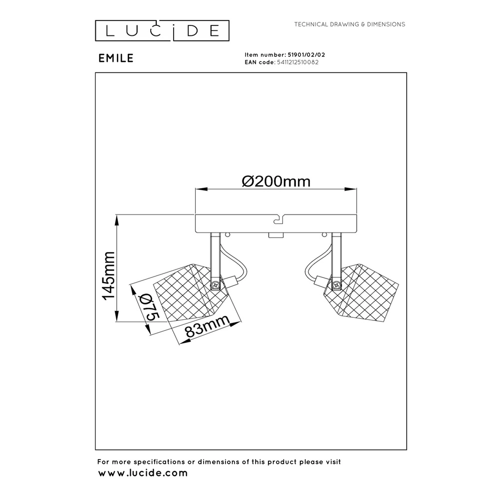 Lampe de plafond à deux lumières Emile noir avec or Lucide 5411212510082
