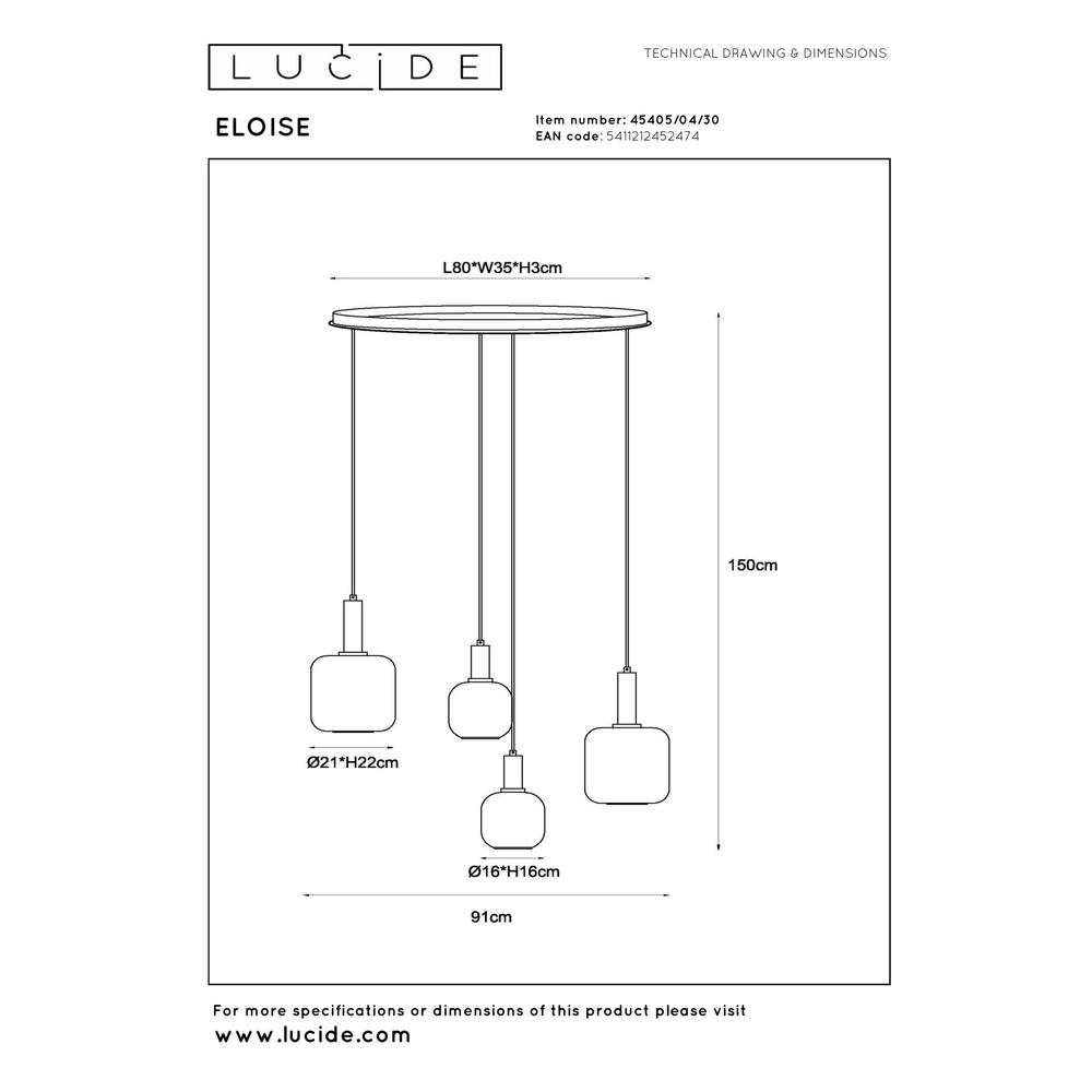 Lampe pendante noire Eloise 4 lumières Lucide 5411212452474