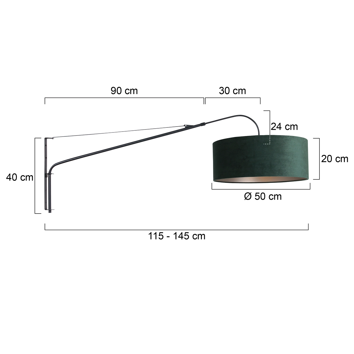 Applique Elegant Classy 50 cm noir avec abat-jour en velours vert Steinhauer 8712746146035