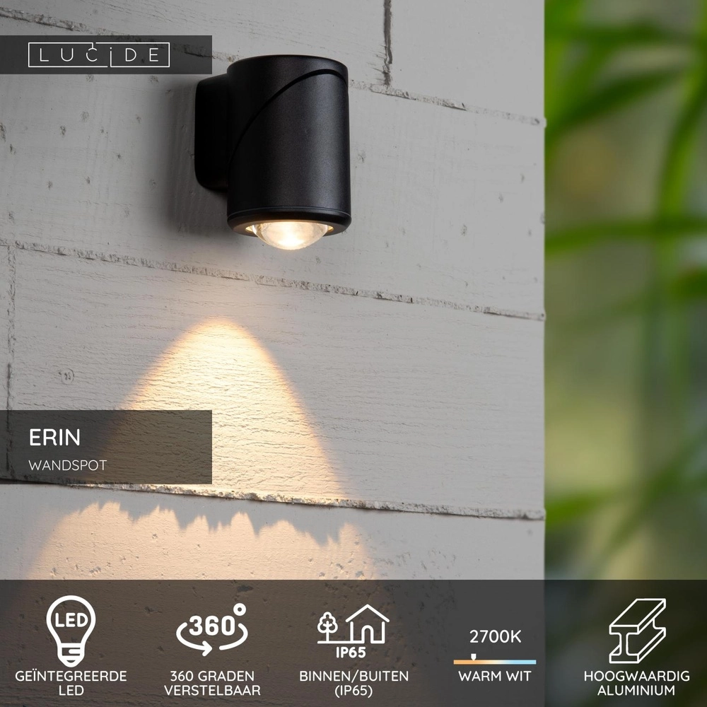 Projecteur de conception monté en surface Erin Simple noir IP65 Lucide 5411212152046