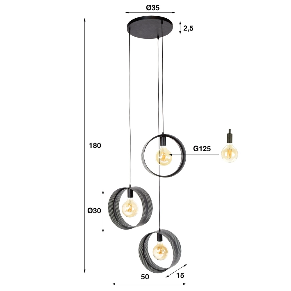 Lampe pendante de campagne Ring Charbon - 3x E27 Lyora 8716803510975