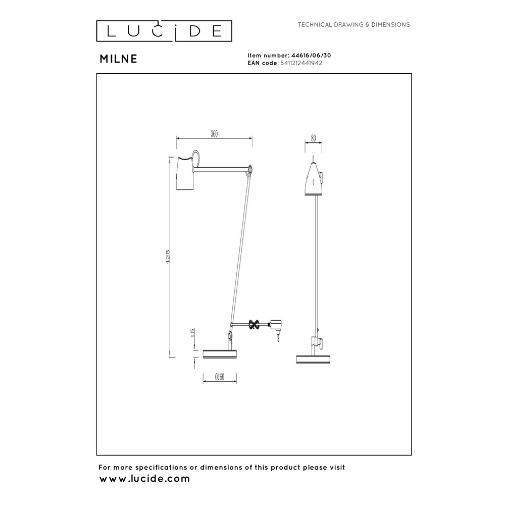 Lampe de lecture Milne Noir Lucide 5411212441942