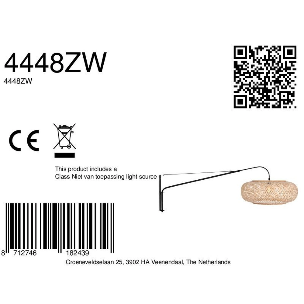 Applique murale Elegant Classy noir avec capuche en rotin Steinhauer 8712746182439