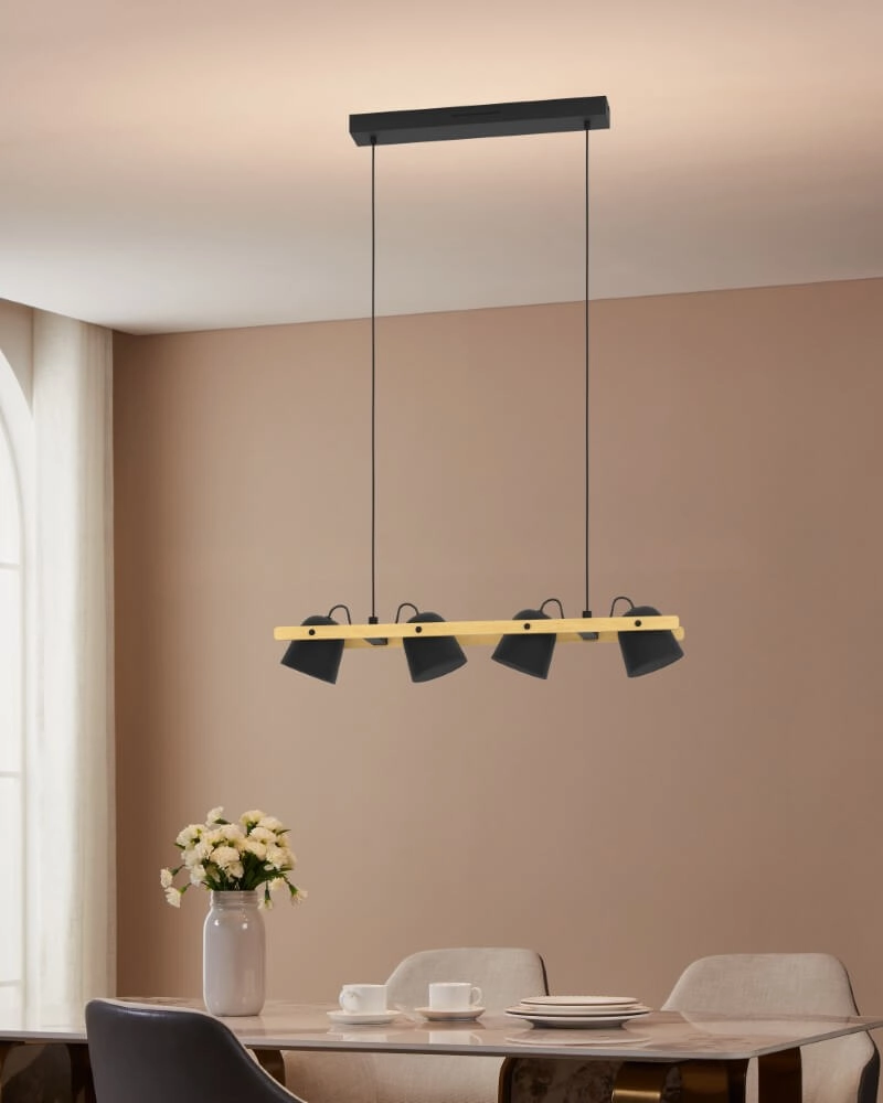 Lampe suspendue 4 lumières Hornwood-Z noir avec du bois Eglo 9008606274291