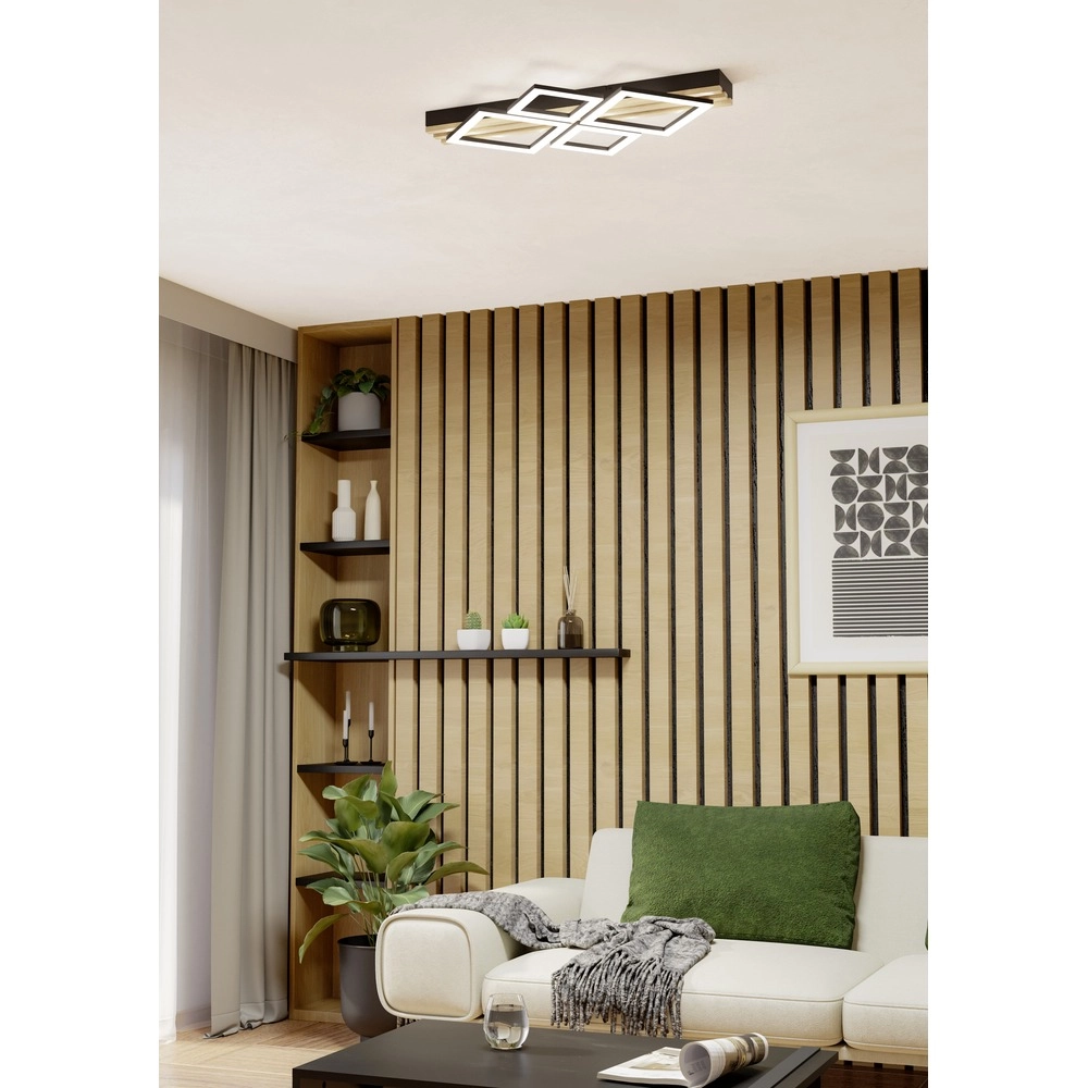 Lampe de plafond moderne Cembrano noir avec un carré en bois 72 cm Eglo 9008606388202