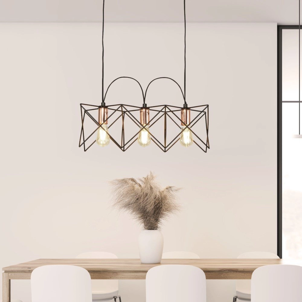 Lampe suspendue pour salle à manger Anthea 3 lumières noir avec cuivre rouge Searchlight 5053423155081