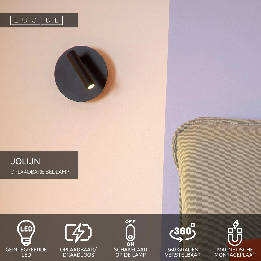 Lumière murale magnétique Jolijn Lampe de chevet noire rechargeable Lucide 5411212771353