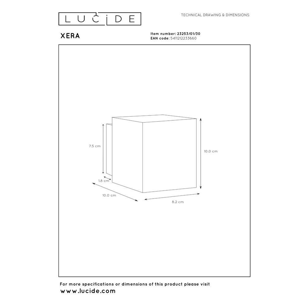Lampe murale Xera 8 cm de noir Lucide 5411212233660