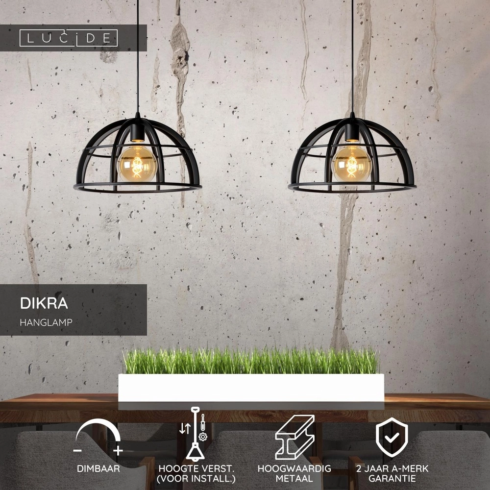 Lampe suspendue à deux lampes Dikra Industrial Black Lucide 5411212761019