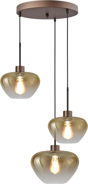 Suspension 3 lumières Genua marron avec 2x verre doré Ø 24cm et 1x Ø 29cm