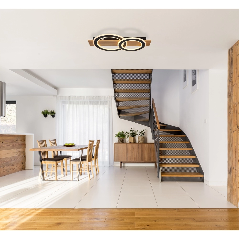 Lampe de plafond à design Jayden Noir avec 3 anneaux en bois Globo 9007371468409