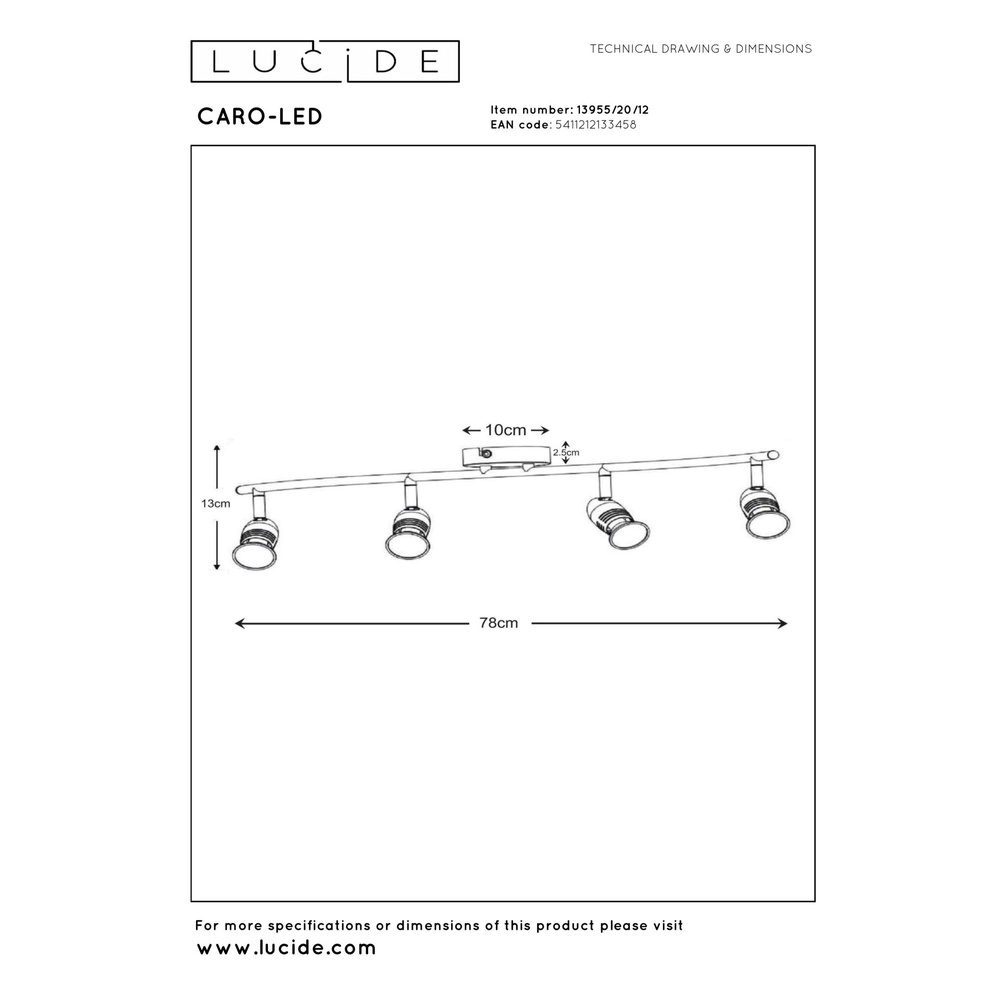 Projecteur de plafond Caro-Led Chrome mat 4 lumières Lucide 5411212133458