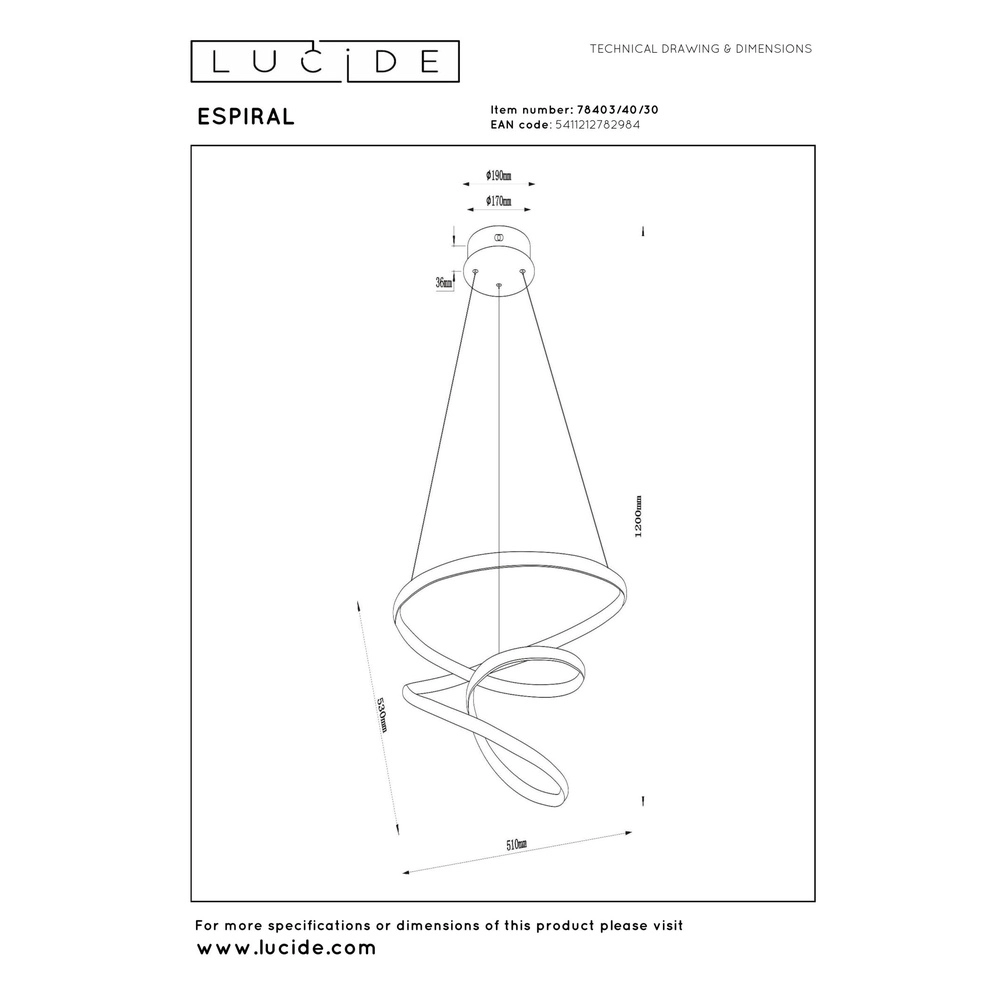Lampe pendante moderne Espiral 40W noir Lucide 5411212782984