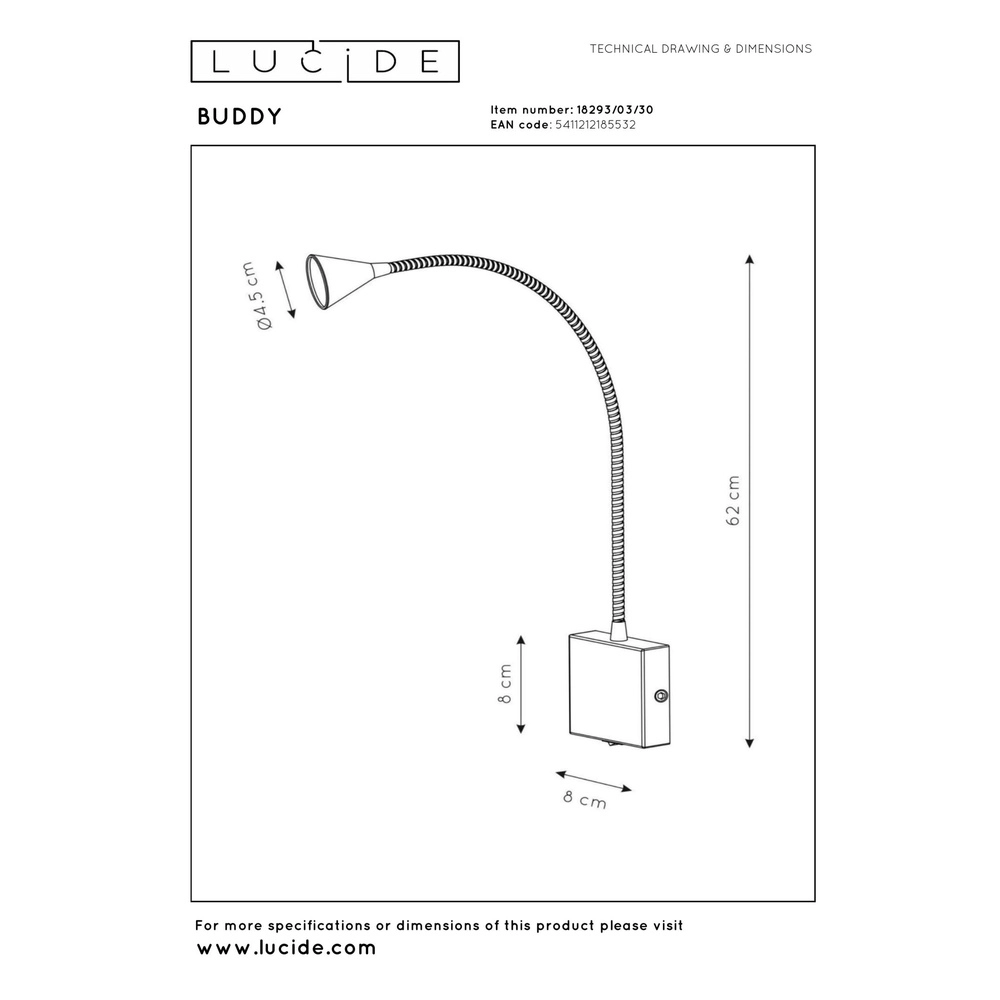 Lampe de lecture pour le lit Buddy 4000K noir Lucide 5411212185532