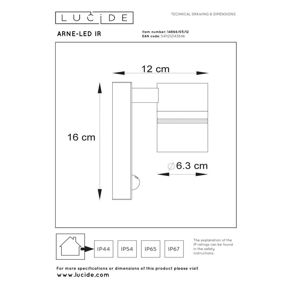 Projecteur mural Arne-Led Ir Downchrome avec capteur Lucide 5411212143846