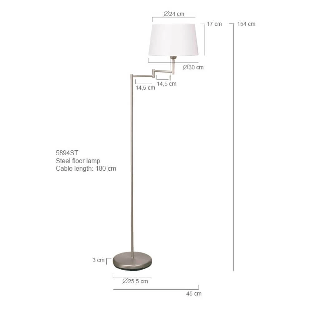 Lampadaire Mexlite 154 cm gris métallisé avec abat-jour blanc Steinhauer 8712746048094