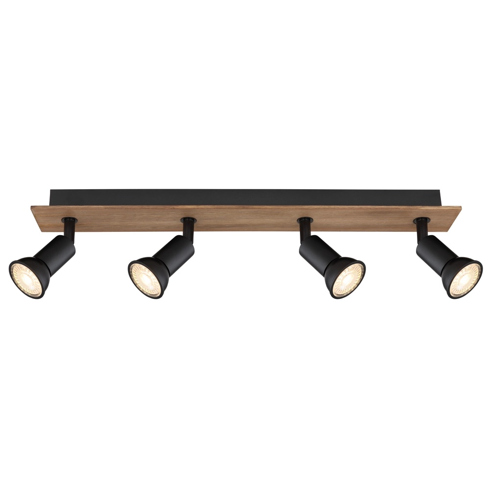 Projecteur de plafond Drew noir avec 4 lumières en bois Globo 9007371436781