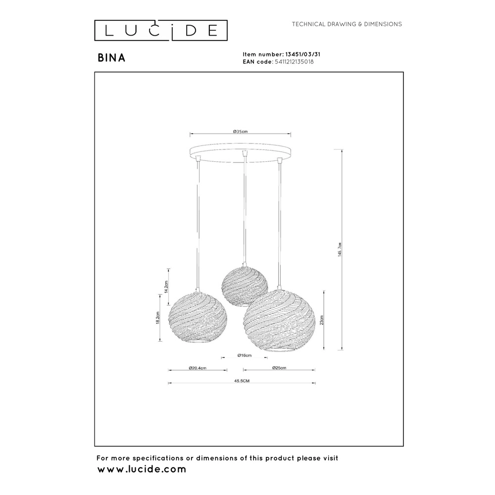 Lampe pendante de conception Bina Blanc rond à 3 lumières Lucide 5411212135018