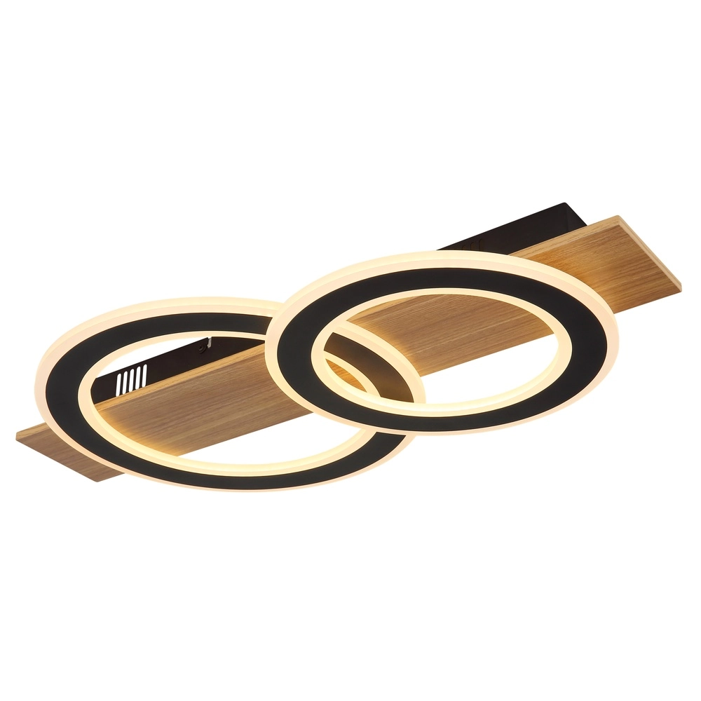 Lampe de plafond à design Jayden Noir avec 3 anneaux en bois