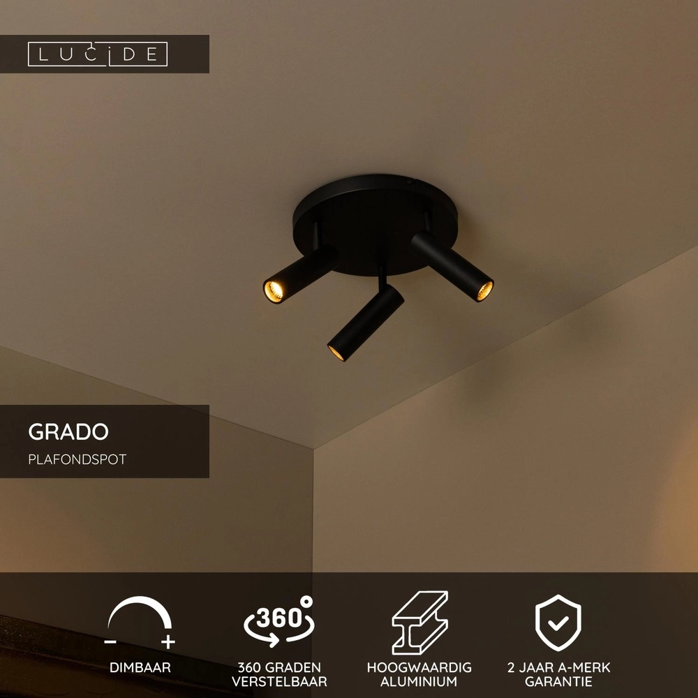 Lampe de plafond élégante Grado Noir à 3 lumières Lucide 5411212221681