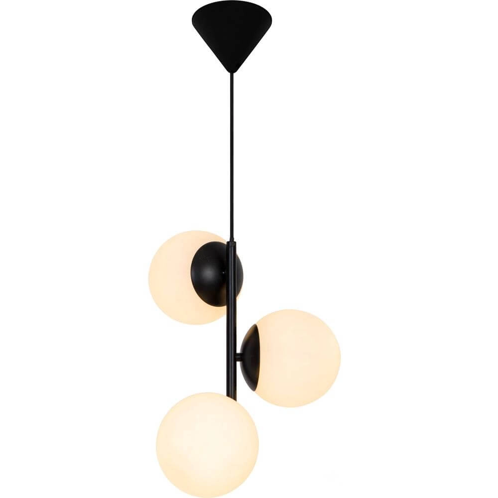 Suspension Lilly 3 lumières noires avec sphère blanche