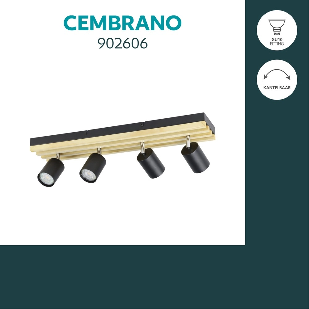 Projecteur moderne Cembrano 4-noir clair avec bois Eglo 9008606389063