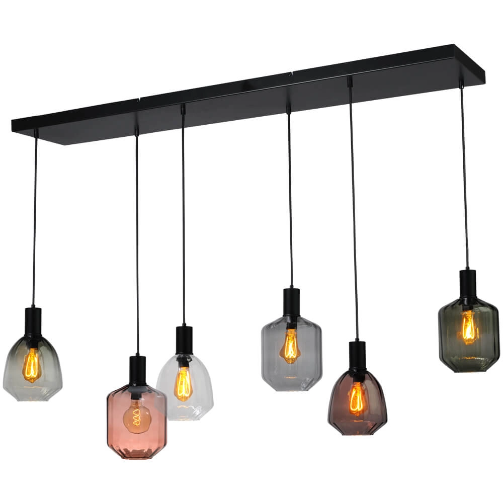 Lampe suspendue 6 lumières - noire - Porto avec des lunettes différentes Lampe suspendue 6 lumières - noire - Porto avec des lunettes différentes