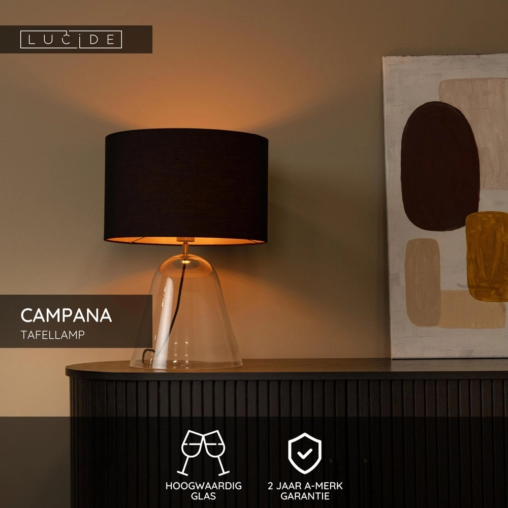 Lampe de table Campana Verre avec abat-jour noir 25 cm Lucide 5411212345813