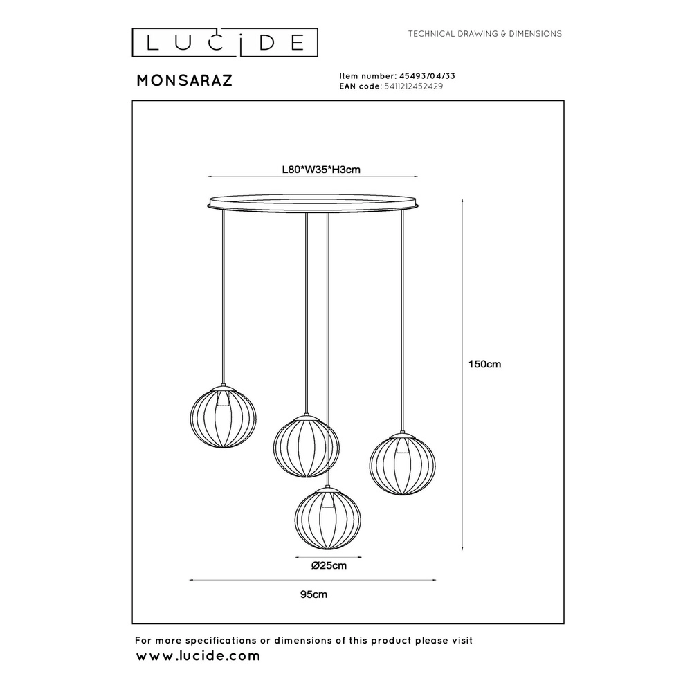 Lampe suspendue à 4 lumières Monsaraz Verre vert et ambré Lucide 5411212452429
