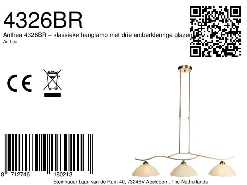 Lampe pendante classique Anthea Bronze à 3 lumières Steinhauer 8712746180213