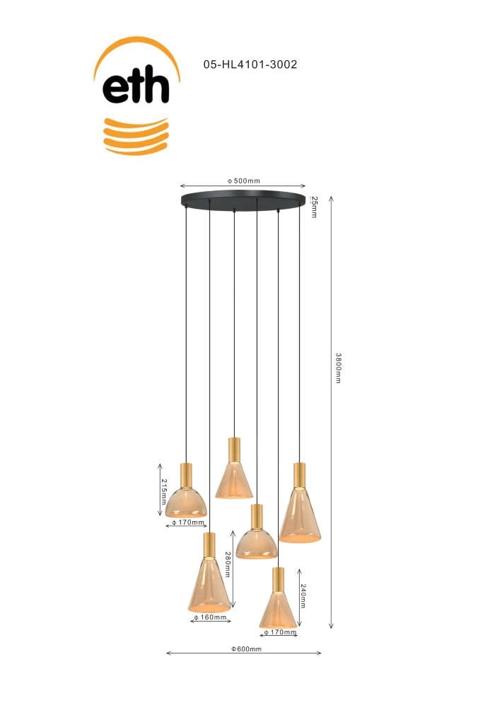 Lampe vide à 6 lumières Lisa Or avec verre ambré ETH 8720195310204