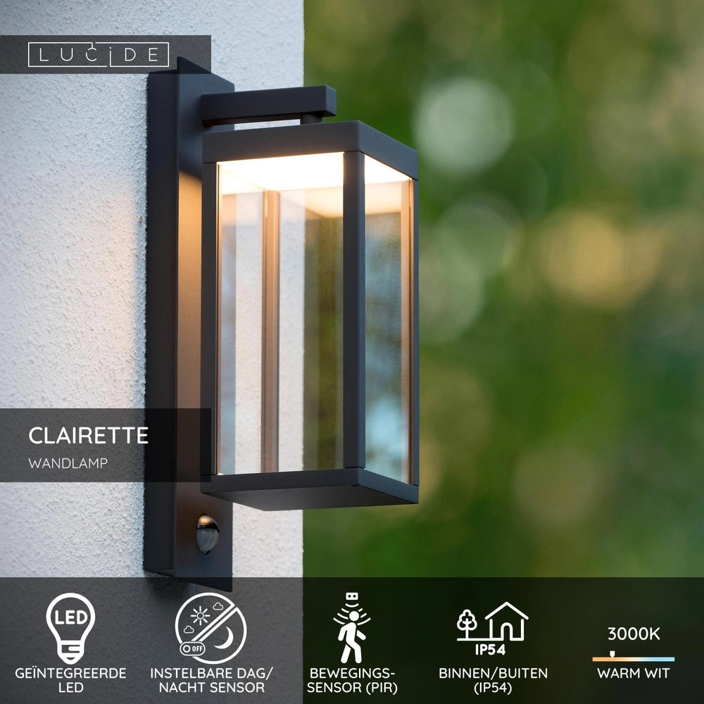 Lampe murale de conception Clairette anthracite avec capteur de mouvement Lucide 5411212281104
